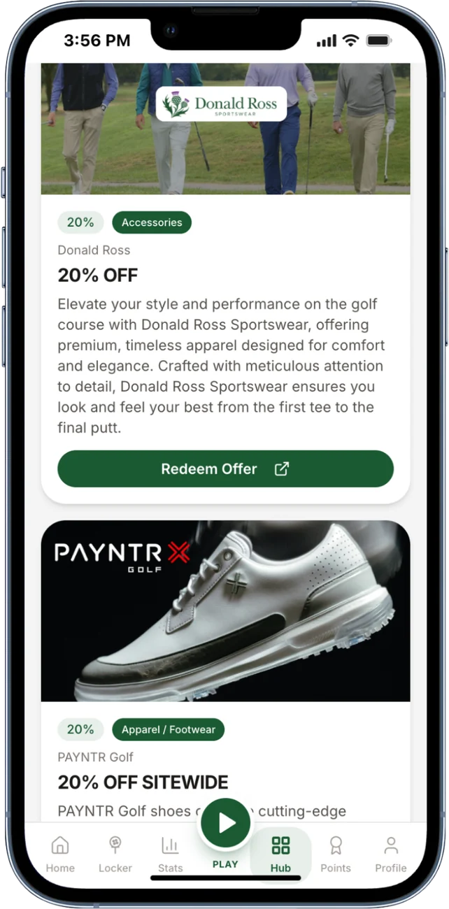 Member deal screens from golf brands with redeem buttons