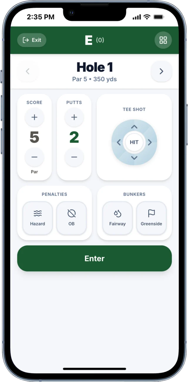 Live scoring screen for hole 1 with score, putts and tee shot entry