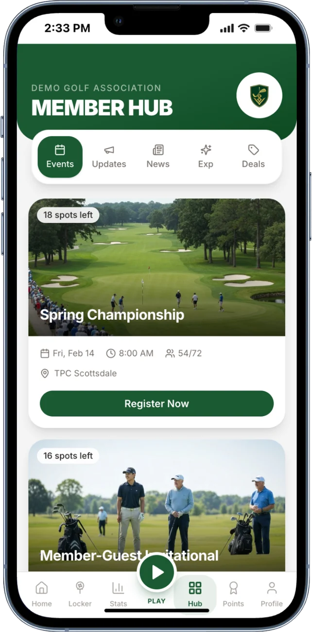 Member hub screen with association events and registration