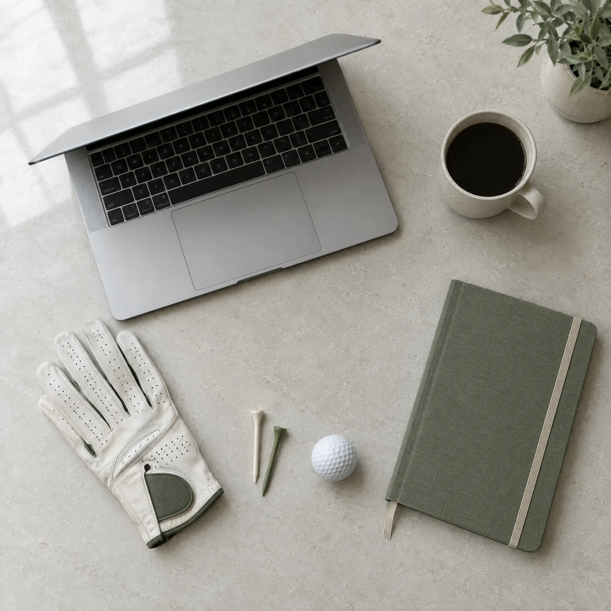A laptop on a light desk beside a golf glove and scorecard