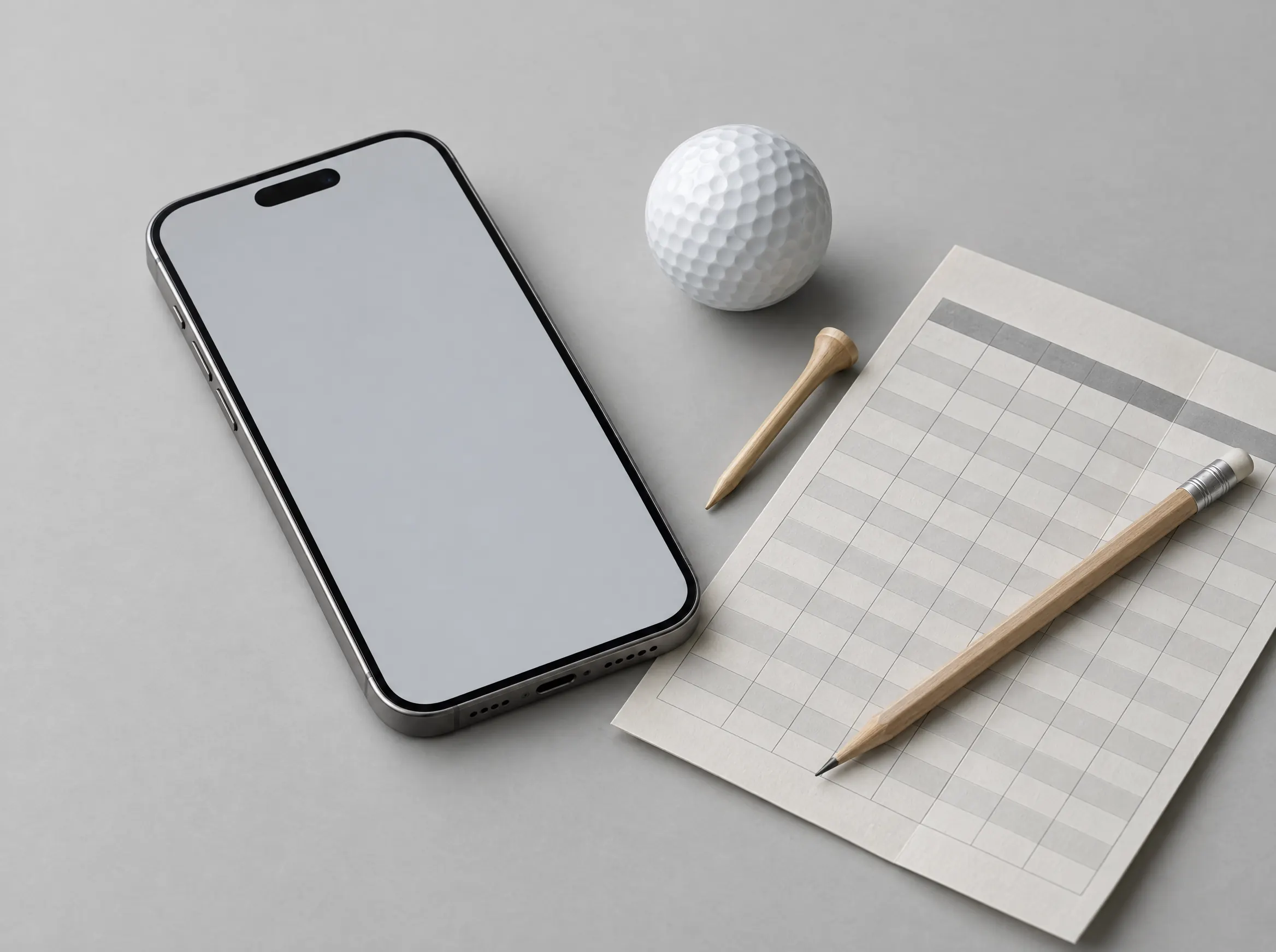 A phone resting on a paper scorecard with a pencil and golf ball