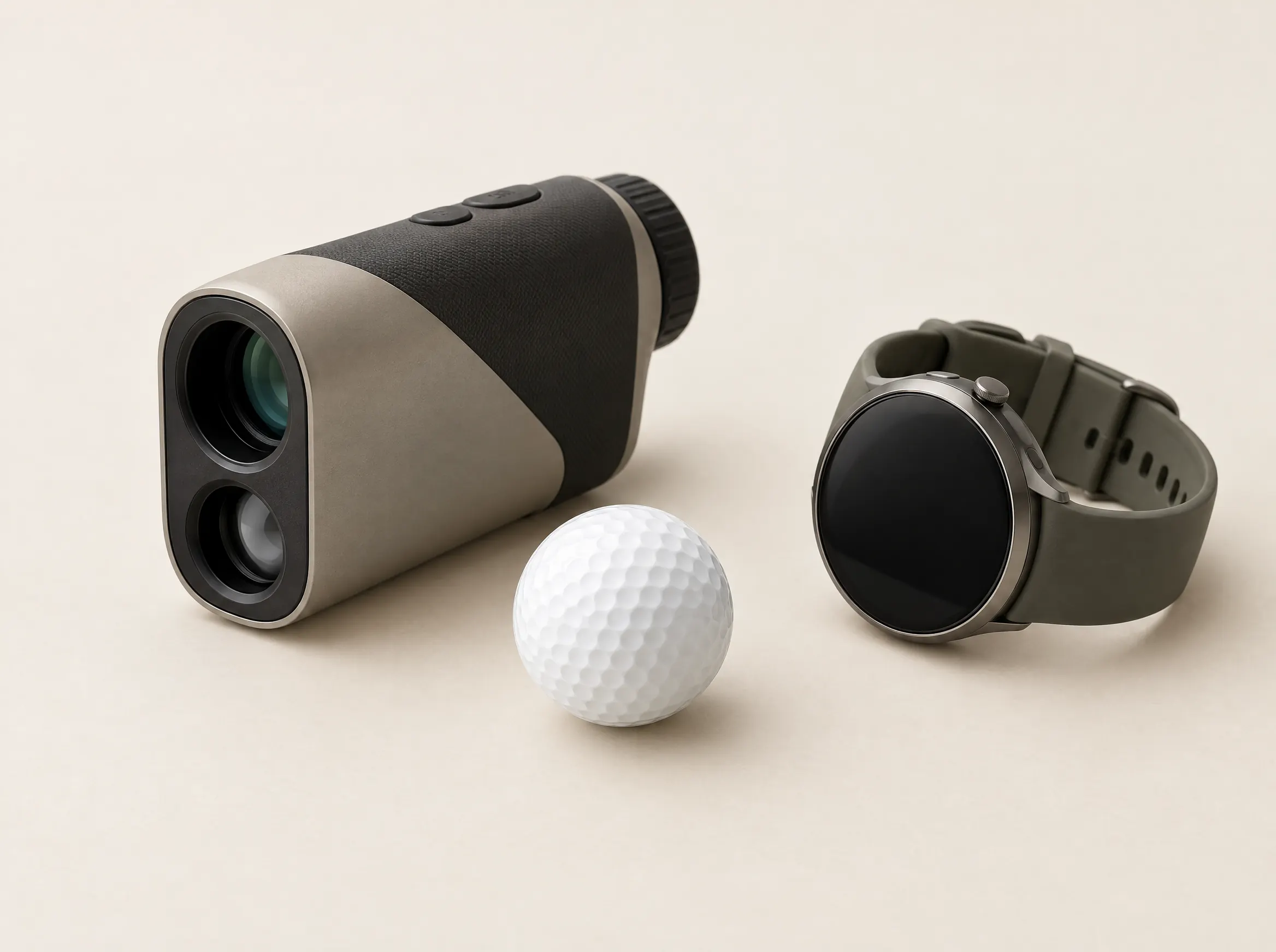 A rangefinder, golf watch and ball on a soft neutral surface